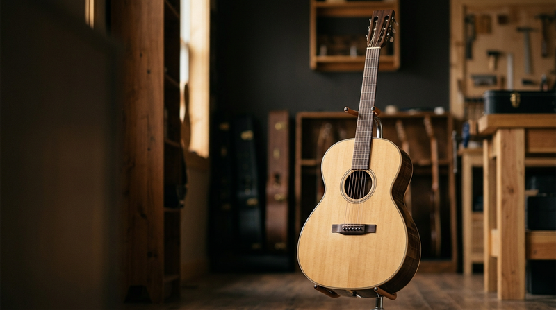 12-Fret Gitarre steht in einem stimmungvollen Raum